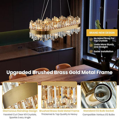 Siljoy Rectangular Gold Crystal Chandelier, 16-Light Modern 2-Tiers K9 Crystal Raindrop Chandelier, Luxury Oval Crystal Penadnt Ceiling Light Fixture for Dining Room Living Room Kitchen Island L35.4''