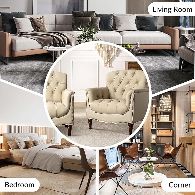 HULALA HOME Mid Century Modern Leather Club Chairs, Top-Grain Genuine Leather Armchairs with Button-Tufted Back & Solid Wood Legs, Accent Chairs for Living Room/Bedroom/Home Office, Beige