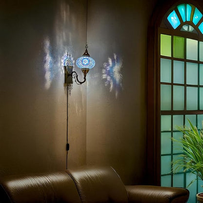 Turkish Moroccan Mosaic Plug in Wall Sconce Lamp with 5.2-Foot Cord, Handmade Tiffany Style Glass Globe with Colorful Hand Cut Glass Mosaics and Glass Beads, Decorated Brass Base, 15x5, Blue