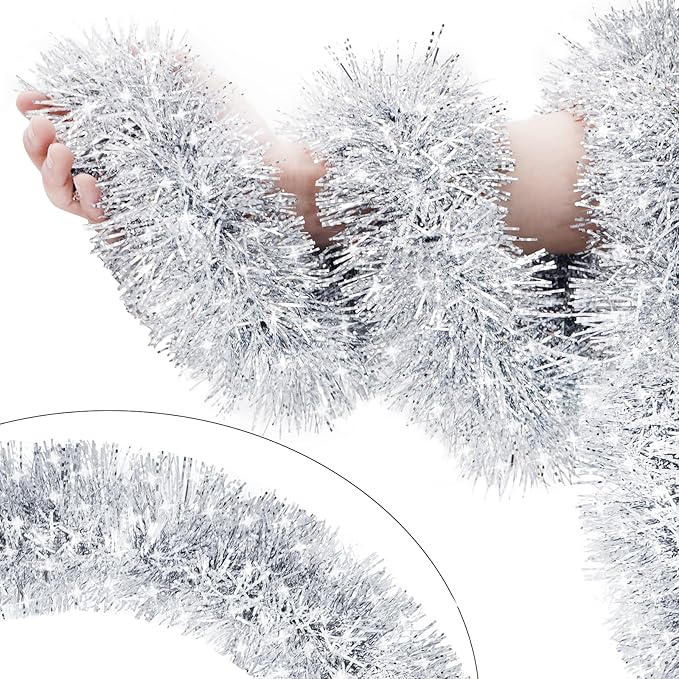 33FT Silver Tinsel Christmas Garland Metallic Twist Shiny Garland for Christmas Tree Decorations, Xmas Holiday Hanging Garland for Home Indoor Outdoor Party Supplies Decor (Silver, White)