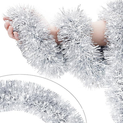 33FT Silver Tinsel Christmas Garland Metallic Twist Shiny Garland for Christmas Tree Decorations, Xmas Holiday Hanging Garland for Home Indoor Outdoor Party Supplies Decor (Silver, White)