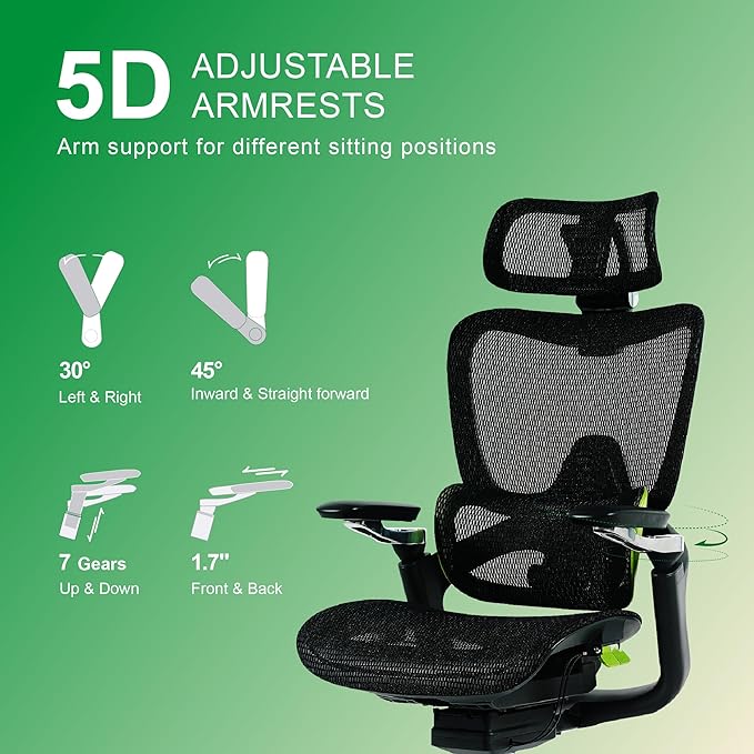 Ergonomic Office Chair, Mesh Home Desk Chair with Adaptive Lumbar Support, Gaming Chair with Headrest, 5D Armrest,90-130°Tilt, BIFMA Certified, Model Zen (Green)