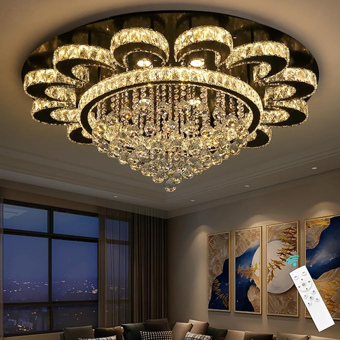 Modern Chandelier Living Room Light Glam Chandeliers Ceiling Light Fixture Remote Dimmable Lights 40 Inches Luxury Crystal Black Dining Room Lights
