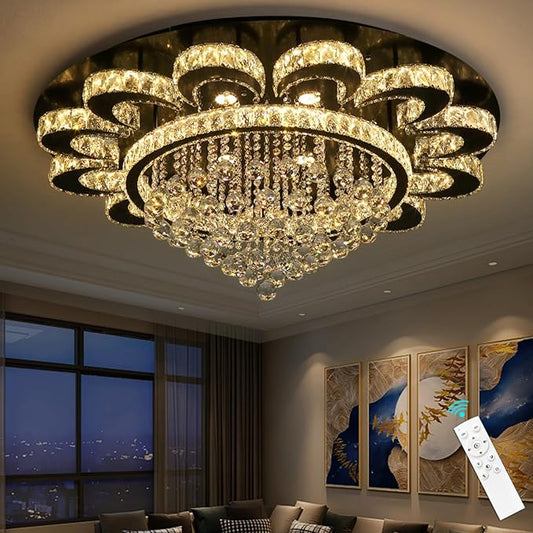 Modern Chandelier Living Room Light Glam Chandeliers Ceiling Light Fixture Remote Dimmable Lights 40 Inches Luxury Crystal Black Dining Room Lights