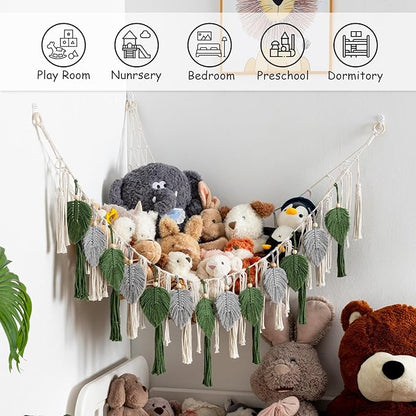 Pretty Jolly Stuffed Animal Storage with Hand Woven Leaf Tassels Hammock Corner Hanging Net Boho Macrame Plush Storage for Kid Room Nursery Decor Wall Display for Girls Gift(Gray&Green)