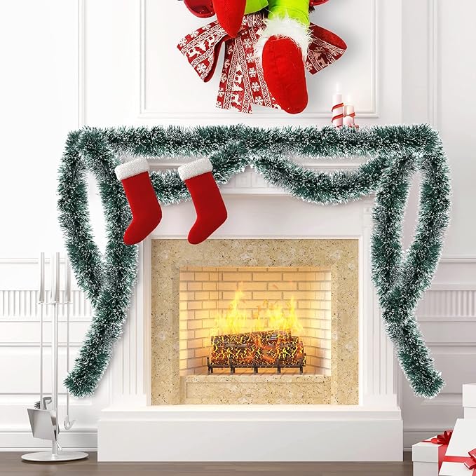 LEASEN 50Ft Green Metallic Twist Christmas Tinsel Garland Decorations with Snowflake Tip, Irregular Shape, Artificial, 50 Feet Long