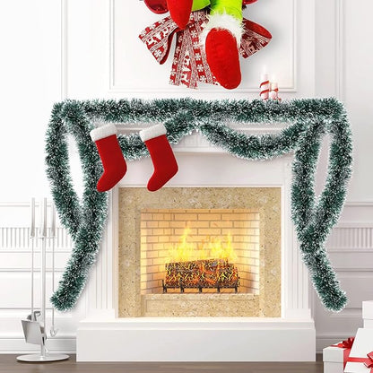 LEASEN 50Ft Green Metallic Twist Christmas Tinsel Garland Decorations with Snowflake Tip, Irregular Shape, Artificial, 50 Feet Long