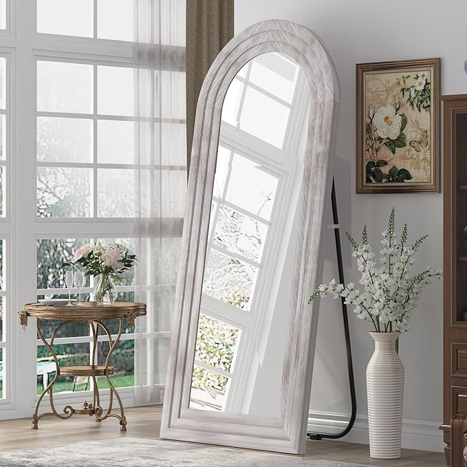 Arched Full Length Mirror with Solid Wood Frame, 65x22 Farmhouse Wall Mirror Full Length with Stand, Vertical Hanging, Leaning Standing for Bedroom, Living Room, Rustic White