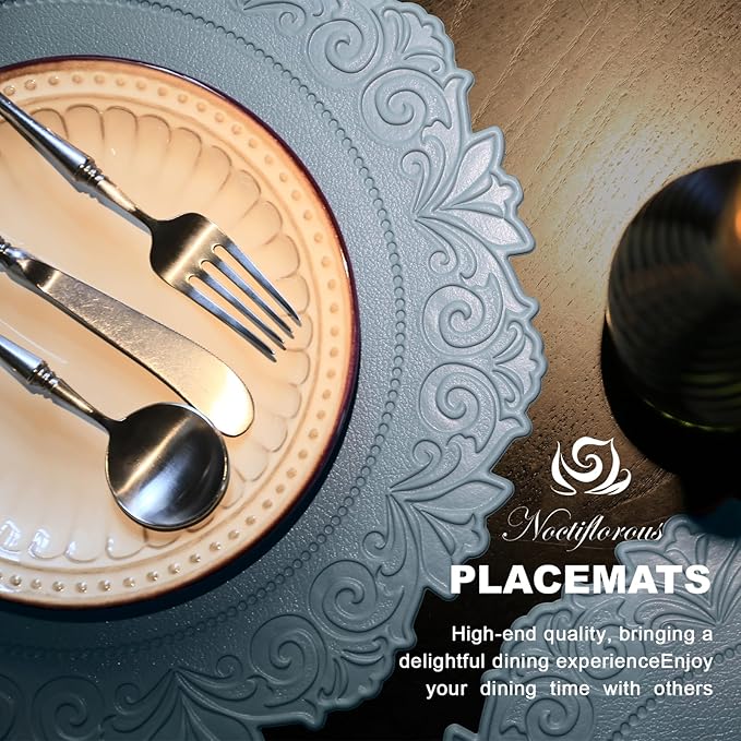 Noctiflorous Round Faux Leather 15 Inch Placemats Set of 6 Waterproof Wipeable Heat Resistant Tablemat for Dining Table Kitchen Non Slip Washable Oilproof Table Place Mat for Indoor Outdoor(Blue, 6)