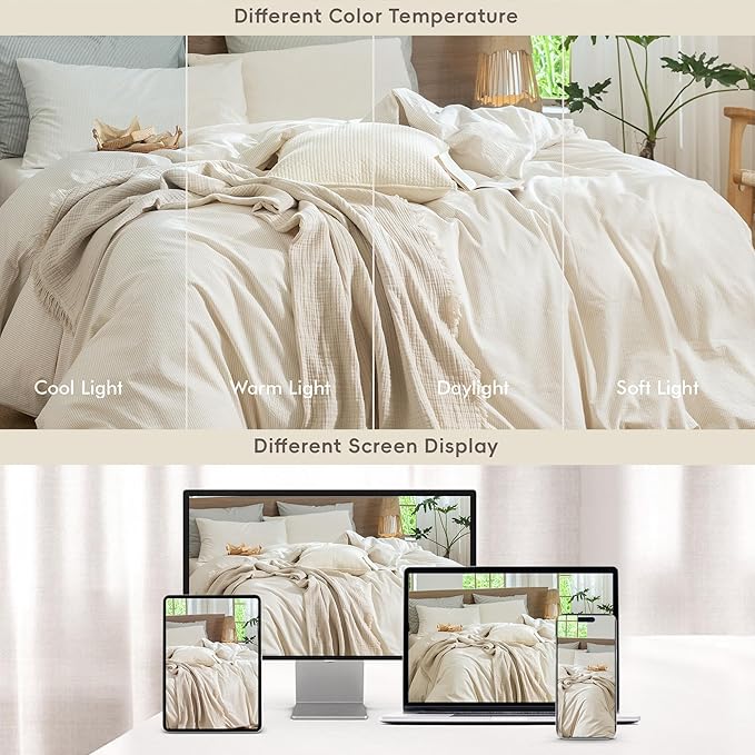 MooMee Striped Duvet Cover Set 100% Washed Cotton Linen Like Textured Breathable Durable Soft Comfy (Almond Milk Grey Pinstripes, Palatial King/Oversized King 120"x98")