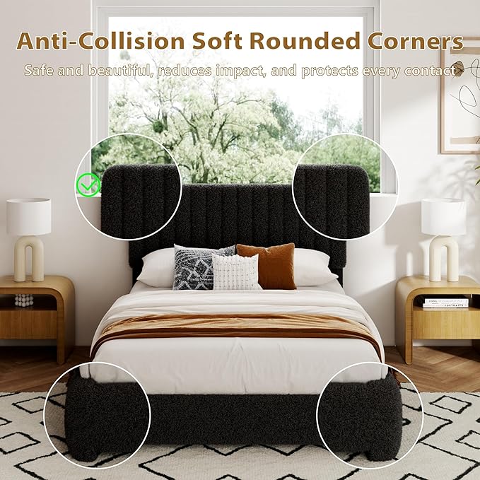 Full Size Boucle Bed Frame, Upholstered Cloud Platform Bed Frame with Adjustable Headboard, Vertical Tufted, Soft Rounded Corners, No Box Spring Needed, Noise Free Design, Easy Assembly, Black