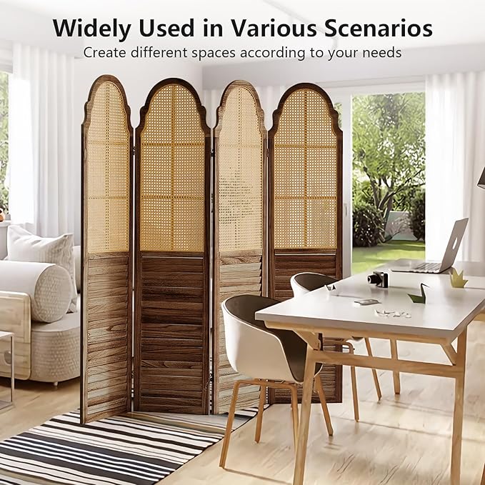 4 Panels Room Divider Wall, Rustic Rattan Room Divider, Wood Folding Privacy Screen, Foldable Wood Divider Wall, Portable Partition Screen, Wall Divider for Room Separation (Brown)