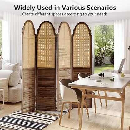4 Panels Room Divider Wall, Rustic Rattan Room Divider, Wood Folding Privacy Screen, Foldable Wood Divider Wall, Portable Partition Screen, Wall Divider for Room Separation (Brown)