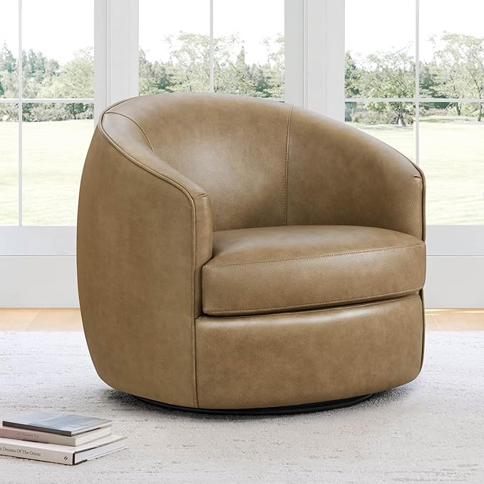 CHITA Genuine Leather Swivel Barrel Chair, Modern Comfy FSC Certified Upholstered Leather Accent Chair for Living Room, Fully Assembled, Mocha