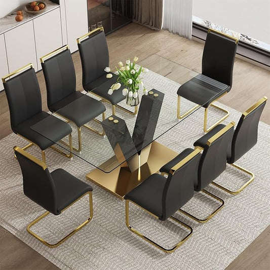 71" Glass Dining Table Set for 8, Dining Table Set for 8, Modern Kitchen Table and 8 Chairs,Tempered Glass Tabletop and MDF Base,Dining Room Table Set for 8