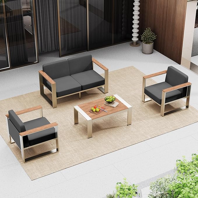 Outdoor Furniture Set, 4 Piece Aluminum Patio Furniture Set with Wide Seat and Thick Cushions, Modern Outdoor Seating Patio Conversation Sets for Deck, Porch (Teak-Charcoal)