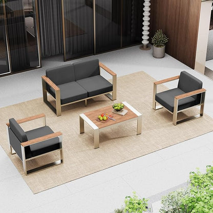 Outdoor Furniture Set, 4 Piece Aluminum Patio Furniture Set with Wide Seat and Thick Cushions, Modern Outdoor Seating Patio Conversation Sets for Deck, Porch (Teak-Charcoal)
