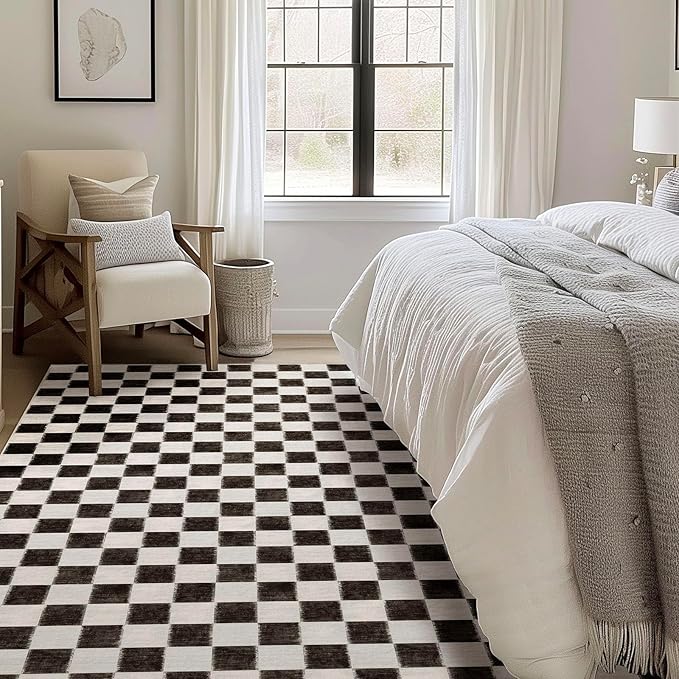 EVERGRACE Checkered Plaid Area Rug 9x12, Soft Fuzzy Faux Wool Rugs Washable Anti Slip Rugs Large Rug Carpet for Entryway Bedroom Living Room Hallway Kitchen and Laundry Room, Black and White