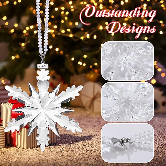 2025 Annual Edition Snowflake Christmas Ornament, Large Crystal Ornaments Display Winter House Decor with Gift Box（Clear B）