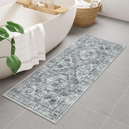 Uphome Boho Tribal Bath Mat Runner, Grey, 2' x 5' (Runner), Non Slip, Machine Washable