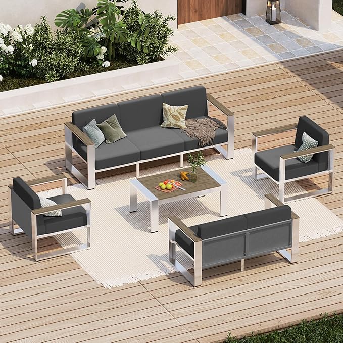 Outdoor Furniture Set, 5 Piece Aluminum Patio Furniture Set with Table, Wide Seat and Thick Cushions, Outdoor Seating Patio Conversation Sets for Deck, Porch (Darkgray)