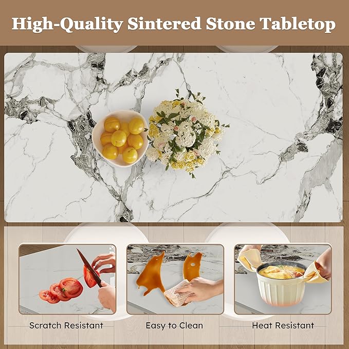 Montary 63" Modern 4-6 Person Dining Table with Storage Cabinet, Artificial Marble Dining Table with Sintered Stone Tabletop & Golden Solid Wood Base, Includes 4 Cream PU Chairs for Kitchen