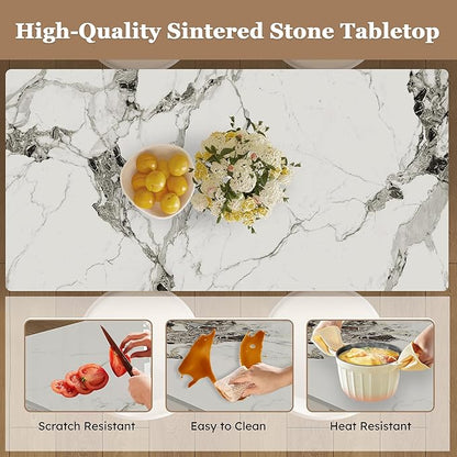 Montary 63" Modern 4-6 Person Dining Table with Storage Cabinet, Artificial Marble Dining Table with Sintered Stone Tabletop & Golden Solid Wood Base, Includes 4 Cream PU Chairs for Kitchen