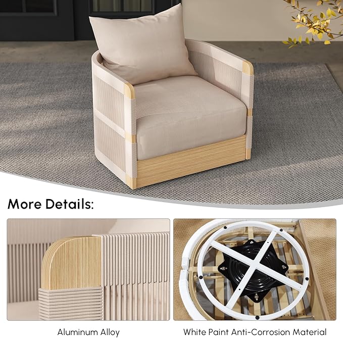 homary Outdoor Hand-Woven Rope Swivel Chair, 360 Degree Swivel Patio Chair, Hand-Woven Rope Outdoor Chair with Rainproof Cushion and Aluminum Frame for Garden, Balcony, Indoor, Khaki
