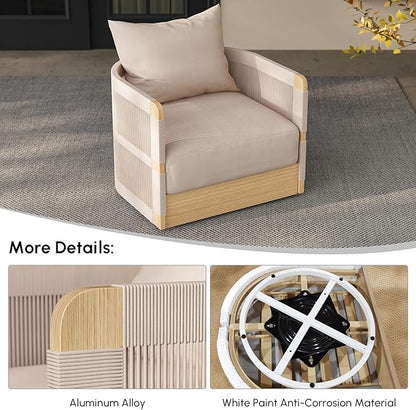 homary Outdoor Hand-Woven Rope Swivel Chair, 360 Degree Swivel Patio Chair, Hand-Woven Rope Outdoor Chair with Rainproof Cushion and Aluminum Frame for Garden, Balcony, Indoor, Khaki