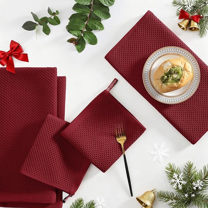 Homaxy 100% Cotton Kitchen Towels and Dishcloths Set, 12 x 12 Inches and 13 x 28 Inches, Set of 12 Bulk Kitchen Towels Set, Ultra Soft Absorbent Dish Cloths for Washing Dishes, Burgundy