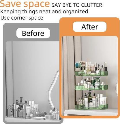3 Tier Corner Bathroom Organizer Countertop, Vanity Makeup Organizer with Brush Holder, Space-Saving Skincare Storage Corner Shelf for Bathroom, Kitchen