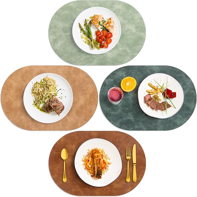 ADRIMER Placemats, Heat Resistant Oval Placemats Set of 4 Washable 12 x 17 Inch, Waterproof Table Mats, Wipeable Pu Place Mats for Kitchen, Dining Room, Turmeric Brown+Light Brown+Green+Blue