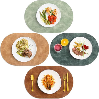 ADRIMER Placemats, Heat Resistant Oval Placemats Set of 4 Washable 12 x 17 Inch, Waterproof Table Mats, Wipeable Pu Place Mats for Kitchen, Dining Room, Turmeric Brown+Light Brown+Green+Blue