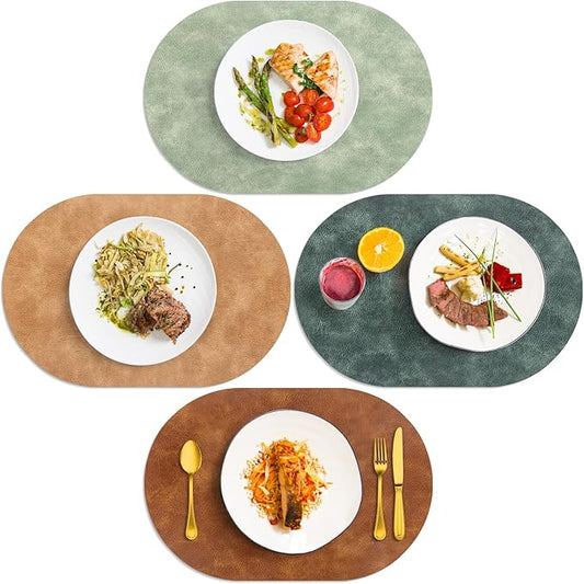 ADRIMER Placemats, Heat Resistant Oval Placemats Set of 4 Washable 12 x 17 Inch, Waterproof Table Mats, Wipeable Pu Place Mats for Kitchen, Dining Room, Turmeric Brown+Light Brown+Green+Blue