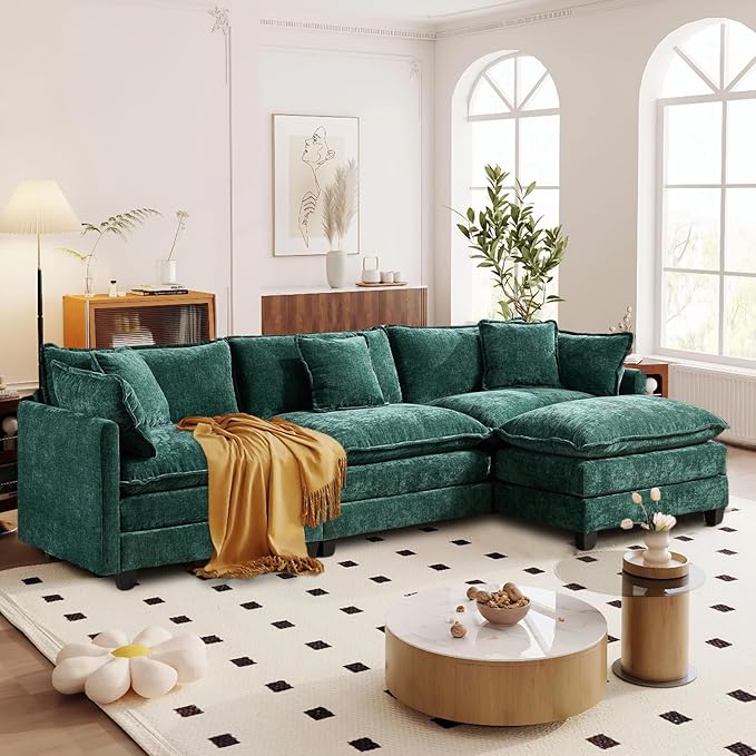 SoarFlash 107.4" Chenille Sectional Sofa, Comfy L Shaped Modular Coush Sofa with Ottoman, Modern 4 Seat Couch Deep Seat Sofa Set for Living Room,Green