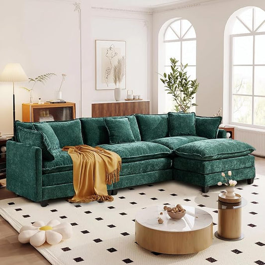 SoarFlash 107.4" Chenille Sectional Sofa, Comfy L Shaped Modular Coush Sofa with Ottoman, Modern 4 Seat Couch Deep Seat Sofa Set for Living Room,Green