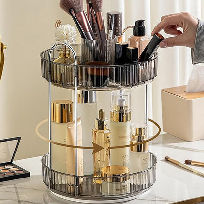 Aveniee 360° Rotating Makeup Organizer for Vanity, Upagraded Perfume Skincare Bathroom Counter Organizers with Brush Divider, Two Tier Spinning Lipstick Cosmetic Lotion Storage,Grey