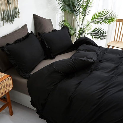 CLOTHKNOW Black Ruffles Full Size Comforter Sets Farmhouse Bedding Comforter Sets Soft Shabby Chic Comforters Black Comforter with 2 x Pillow Cases