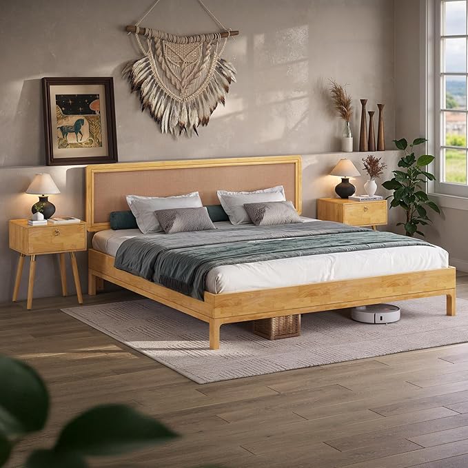 Bme Nipe Bed Frame with Headboard, Bohemian and Mid-Century Modern Style, Solid Rubber Wood Platform Bed with Slat Support, No Box Spring Needed, Easy Assembly, King - Light Natural