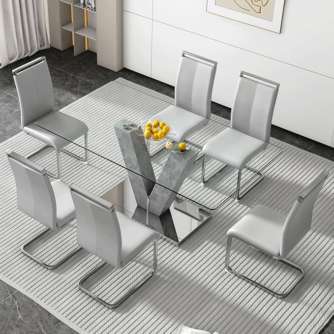 71" Glass Dining Table Set for 6, Kitchen Table and 6 PU Leather Chairs, Dining Table Set Ideal for Living Room