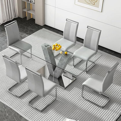 71" Glass Dining Table Set for 6, Kitchen Table and 6 PU Leather Chairs, Dining Table Set Ideal for Living Room