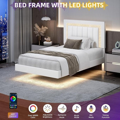 HOMBCK Floating Twin Bed Frame with Smart LED Lights, Faux Leather Upholstered Platform Bed with Diamond Headboard, No Box Spring Needed, Noise-Free, Easy Assembly, White