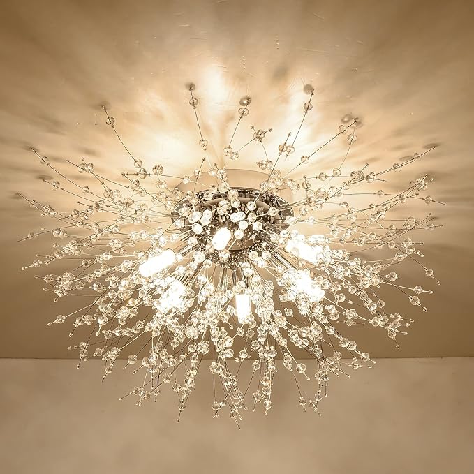 HMVPL Flush Mount Ceiling Lights, Modern Gold Crystal Sputnik Firework Close to Ceiling Lamp LED Ceiling Lighting Fixtures for Bedroom Kitchen Island Hallway Entryway Porch Gazebo