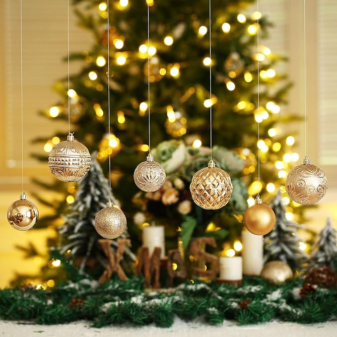 Christmas Ball Ornaments Gold Christmas Tree Decorations with Hang Rope-36pcs Shatterproof Christmas Ornaments Set with 6 Styles in 3 Sizes (Small Medium Large)
