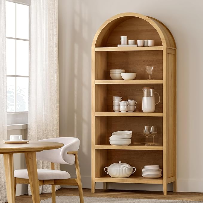 5 Tier Arched Bookshelf Set of 2, 71" Tall Bookcase with Adjustable Shelves Wood Storage Cabinet Freestanding Display Kitchen Pantry for Living Room Bedroom Home Office, Natural Oak