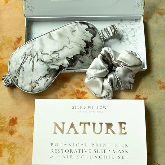 Silk & Willow 100% Pure Mulberry Silk Sleep Eye Mask & Hair Scrunchie Gift Set (Woodgrain)