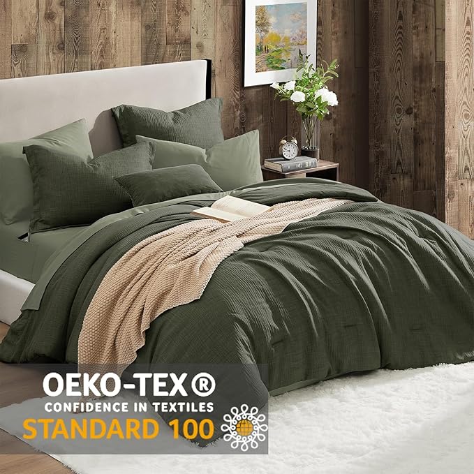 Geniospin Dark Olive Green Oversize Queen Comforter Set - 7 Pieces Comforter Queen Size, Solid Bedding Set for All Season, Textured Bed in a Bag with Sheets