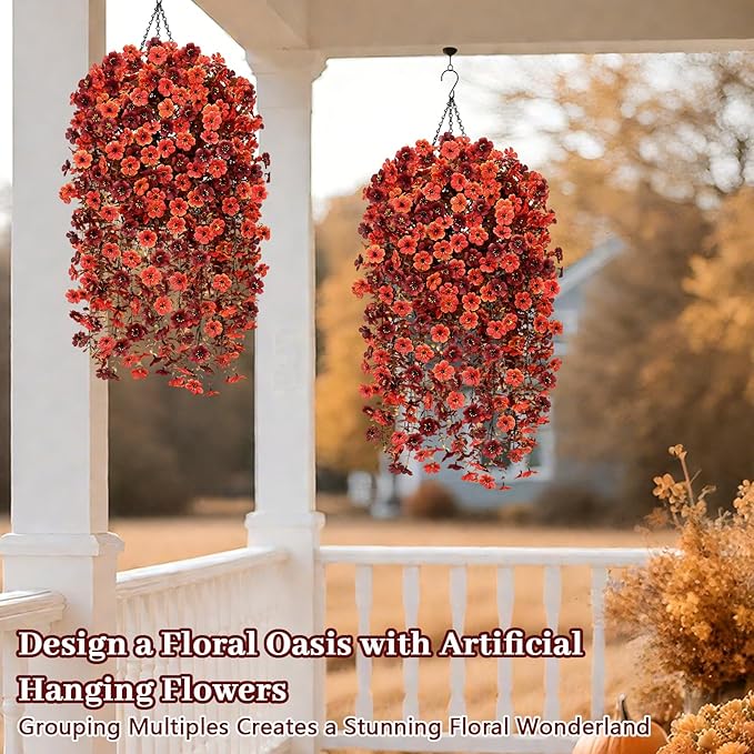 Yastouay 2 Pack Artificial Fall Hanging for Outdoors, Fake Hanging Plants Artificial Decor, Silk Orange Fake Mums Fall Flowers Artificial for Decoration Porch Front Door Yard Fall Decor
