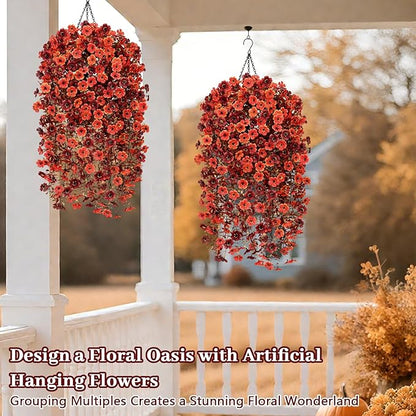 Yastouay 2 Pack Artificial Fall Hanging for Outdoors, Fake Hanging Plants Artificial Decor, Silk Orange Fake Mums Fall Flowers Artificial for Decoration Porch Front Door Yard Fall Decor