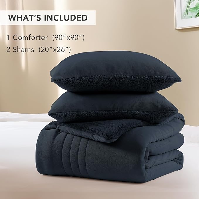 Monbix Fluffy Queen Comforter Set Navy Blue, Sherpa Plush Fuzzy Comforter 3 Piece for Queen Size Bed, Luxury Soft Winter Warm Bedding Set